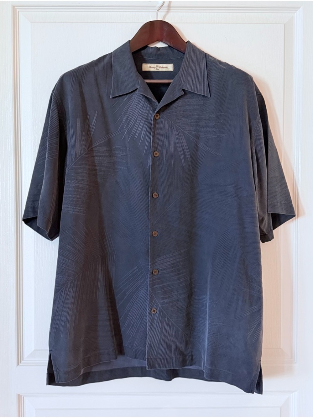 Tommy Bahama Leaf Print Slate Blue Short-Sleeve Button-Down Camp Shirt